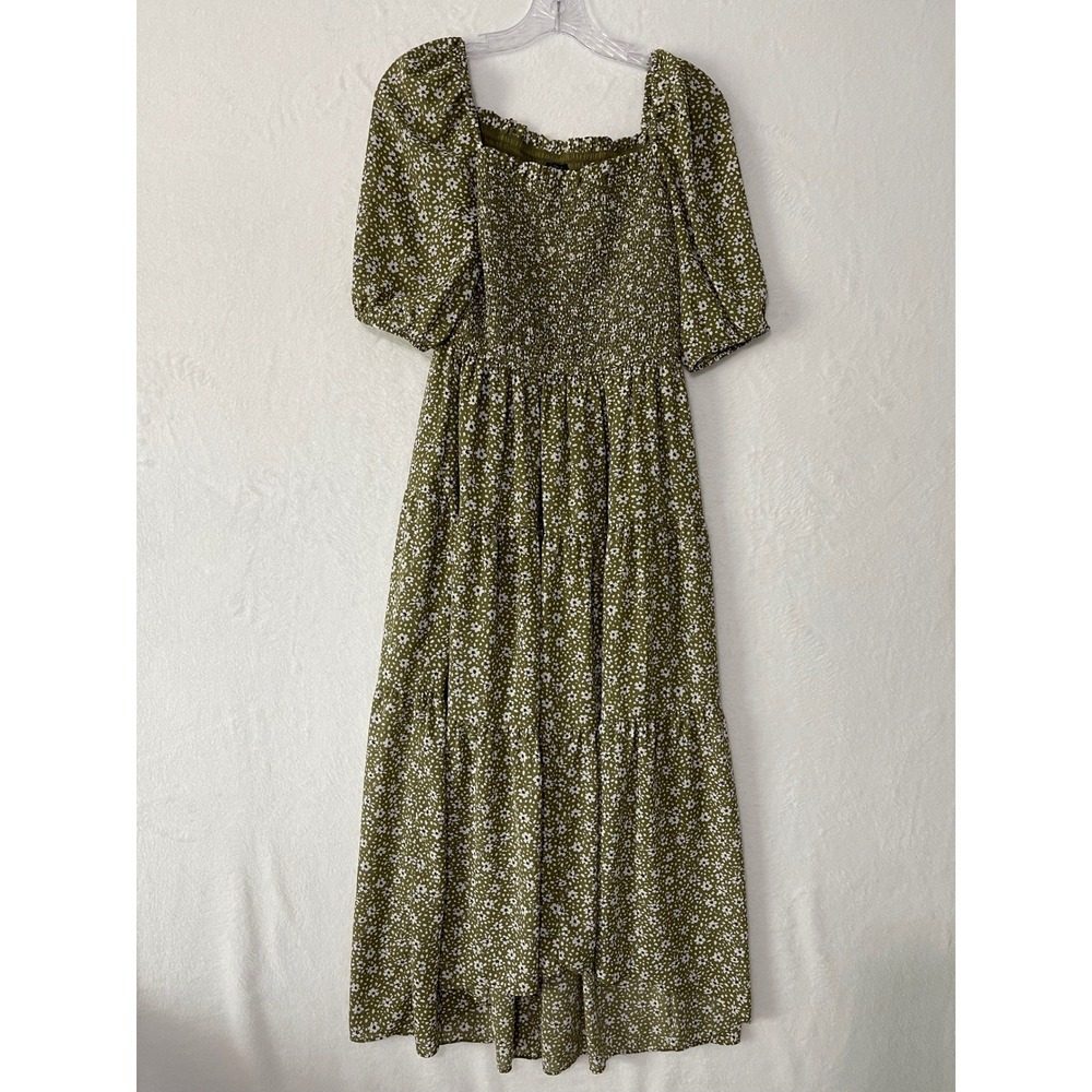Ann Taylor Petite Olive Green Floral Smocked Tiered Midi Dress 0P Boho Prairie - Picture 2 of 6